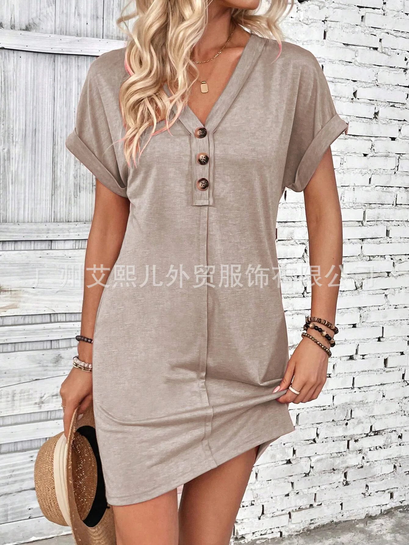 New Summer Women's Dress V-neck Button Straight-tube Slim High Waist Fashion Elegant Short-sleeved Mini Skirt