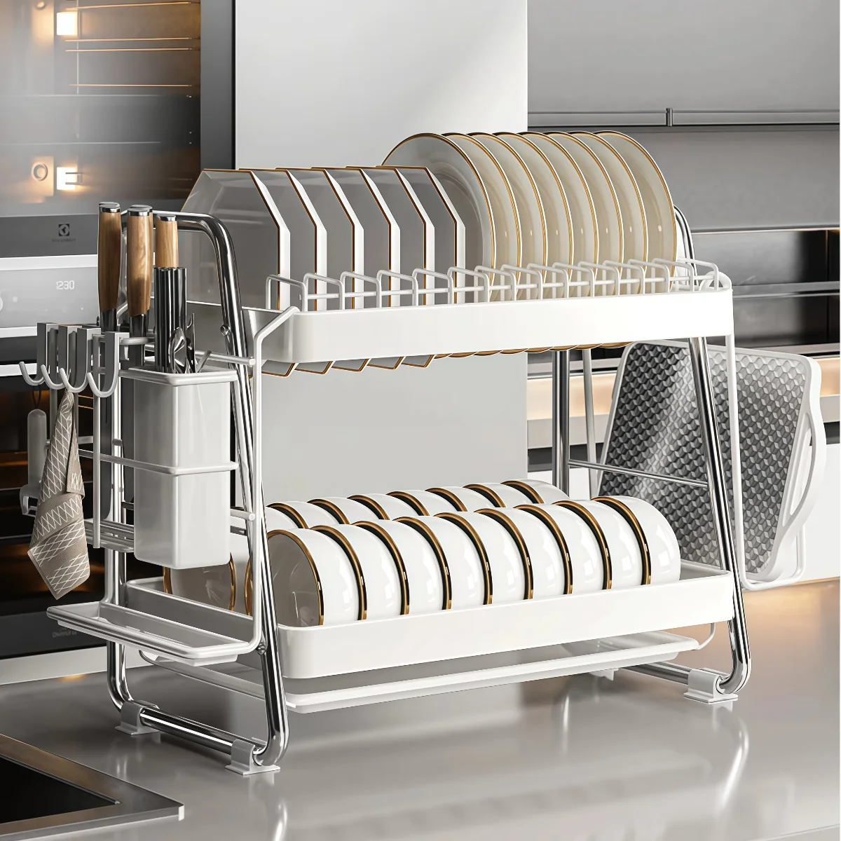 

Посушилка для посуды, сушилка для посуды из нержавеющей стали, многофункциональная 2-уровневая сушилка для посуды с поддоном для слива, держателем для посуды, крючками