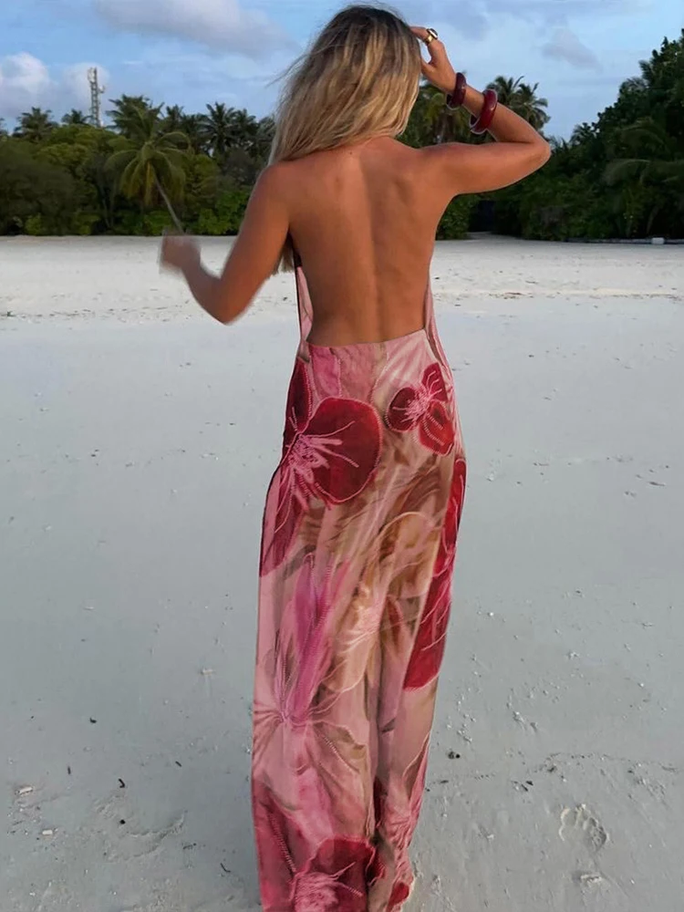 Nibber ビーズチェーンホルタードレス Y2K 花柄エレガントセクシーなスイングカラーバックレス誕生日ミッドナイトパーティースプリットマキシボディコン