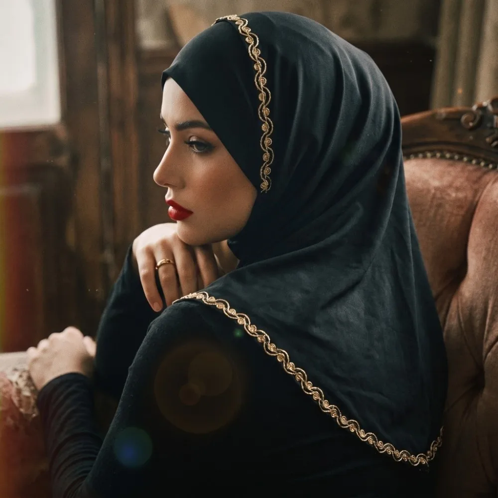 

New Breathable Instant Headscarf Gold Lace Fabric Modal Stretch Underscarf Solid Color Full Cover Neck Hijab Scarf Spring