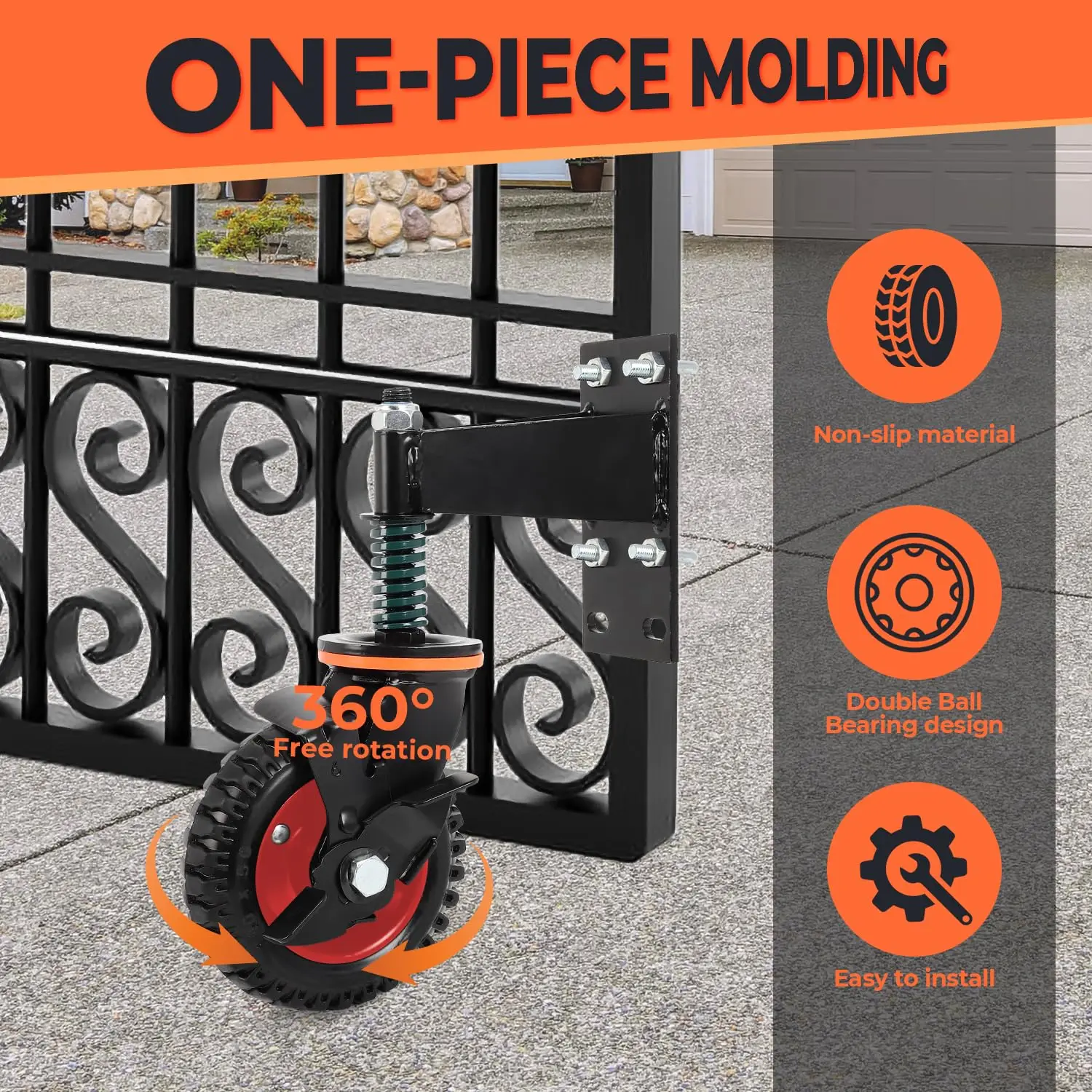 2 Pack Gate Wheel 6inch Fence Gate Wheels with Brake, for Metal Tube/Wooden Gate 360 Degree Rotation Spring Loaded 500Lb