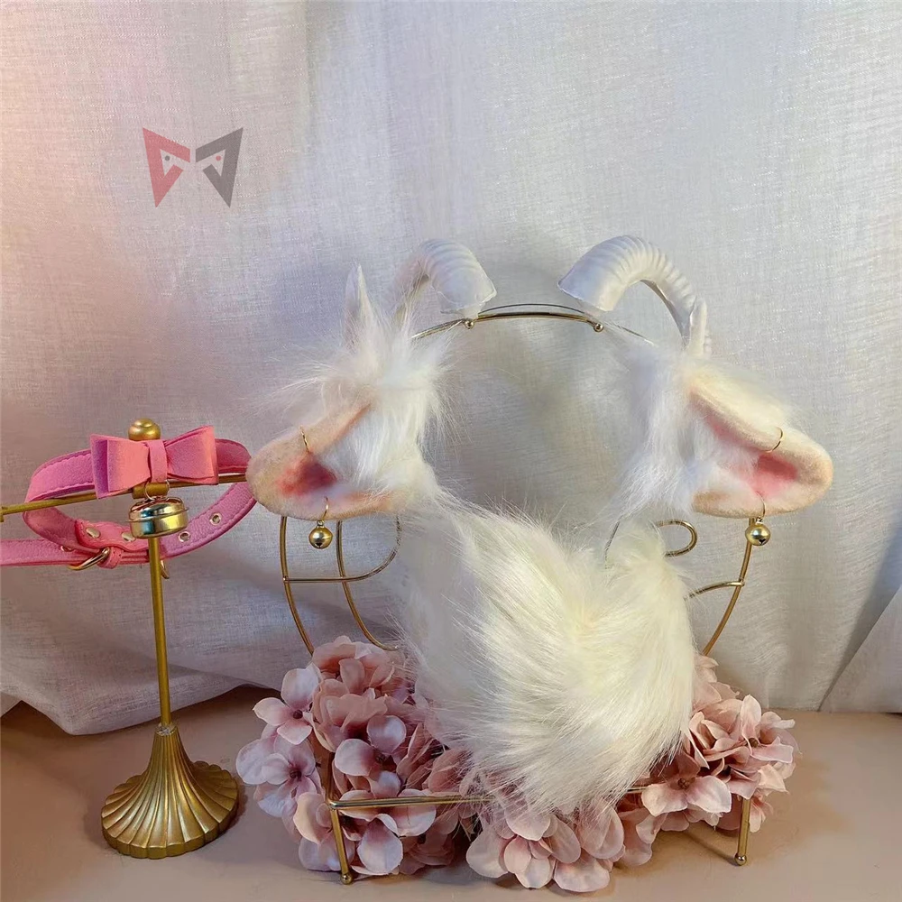 

New Ovis Aries White Sheep Horns Ears Hair Hoop Cow OXHeadwear Bell Earrings Tail Christmas Costume Accessories