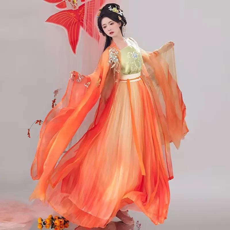 Summer gradual change hanfu female, purple orange contrasting color embroidery, fairy wind party costume