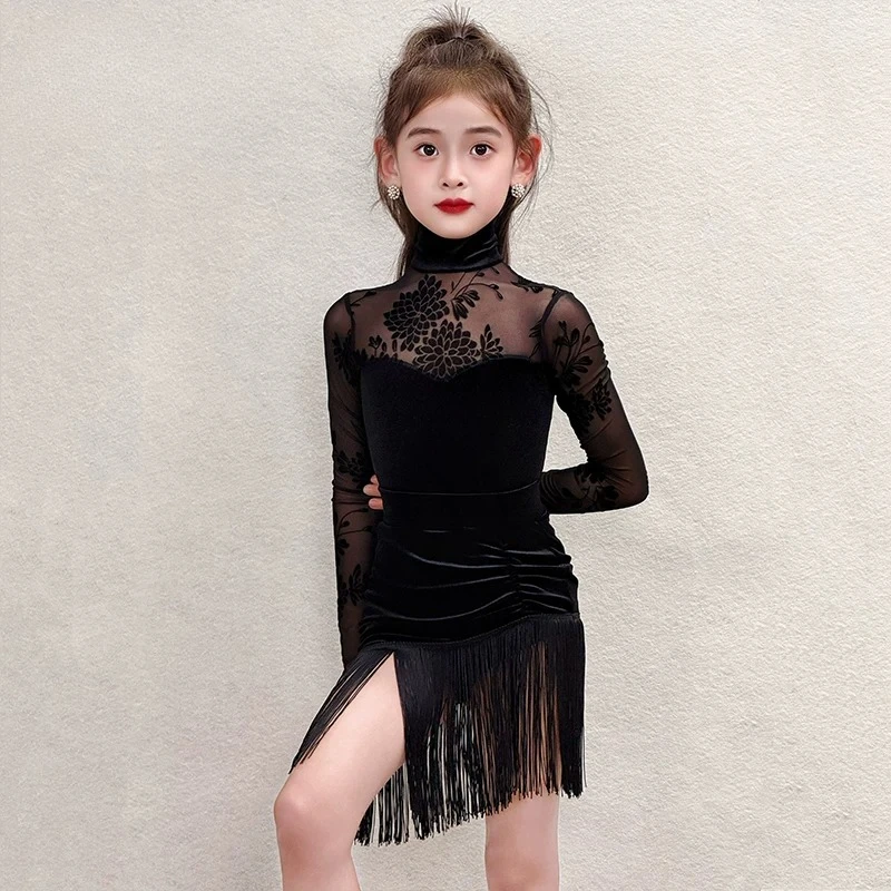Latin dance clothes 2025 new children's autumn and winter advanced sense practice clothes performance fringed skirt