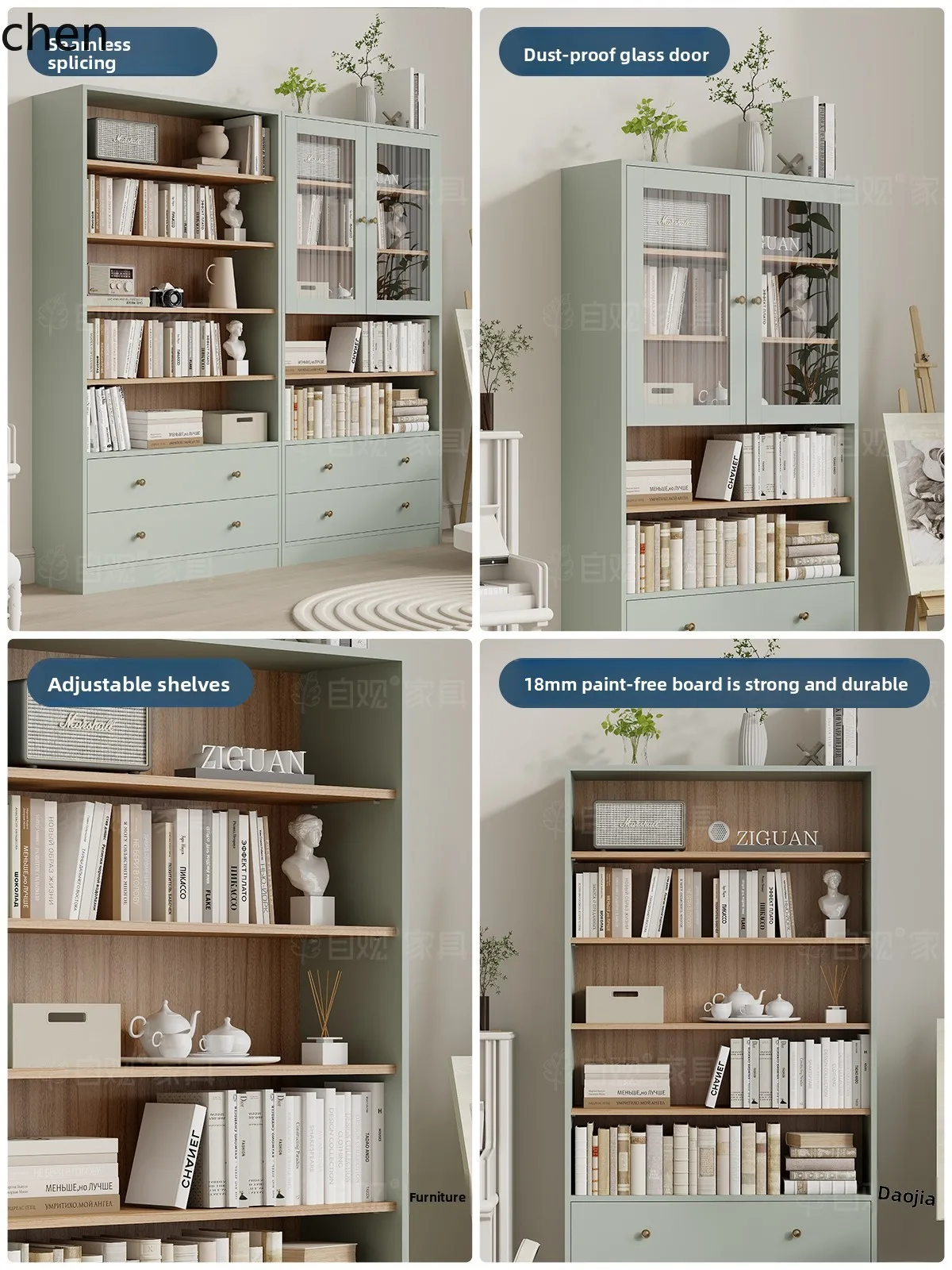 ZML Bookcase with Glass Door Display Cabinet for Home Living Room High Cabinet Sofa Back Bookshelf Integrated Study Room
