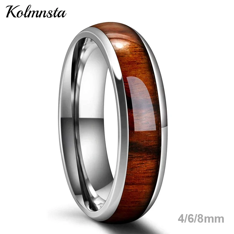 Kolmnsta 4mm 6mm 8mm Stainless Steel Ring Real Brown Koa Wood Inlaid High Polished Sieve Wedding Ring Men Women