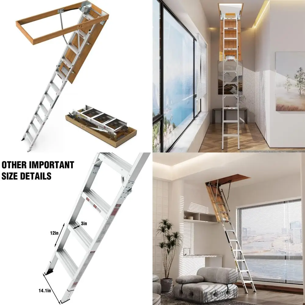 Escalera de acceso plegable para escaleras de ático, extraíble manual, adecuada para altas de techo de 7'8 a 10'3