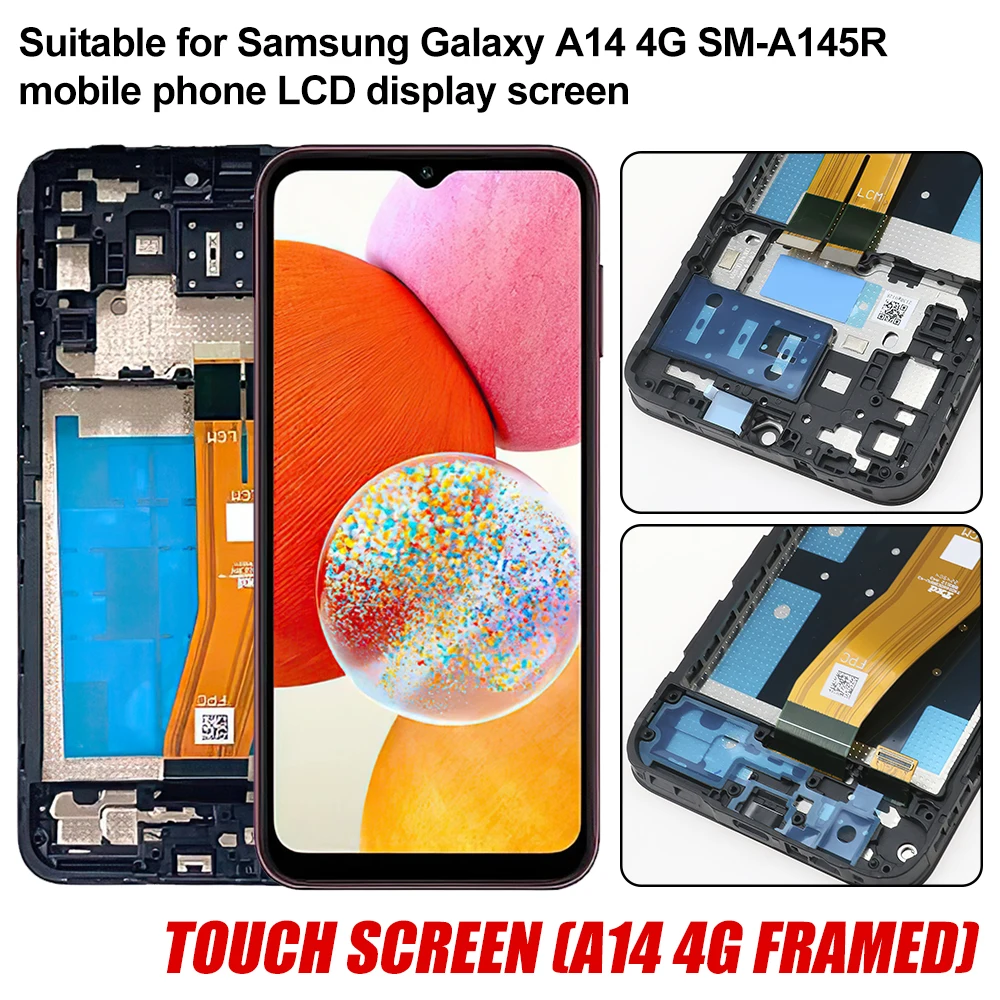 AMOLED for Samsung Galaxy A14 4G SM-A145R LCD Display Full Touch Screen Digitizer Assembly Parts Replacement with Frame