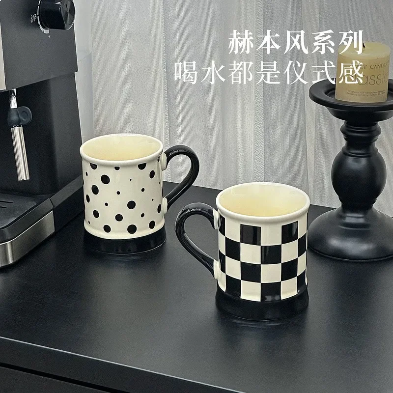 High Appearance Plaid Pattern Heat Resistant Polka Dot Ceramic Coffee Mug Women Milk Cup Office Couple Water Cup Porcelain Gift