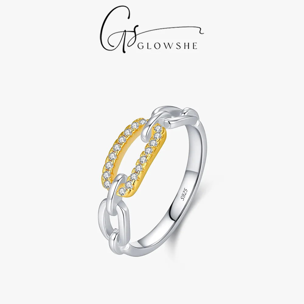 

Glowshe 100% 925 Sterling Silver Zircon Mixed Color Geometric Chain Ring Creative High Quality Fine Jewelry Women's Elegant Ring