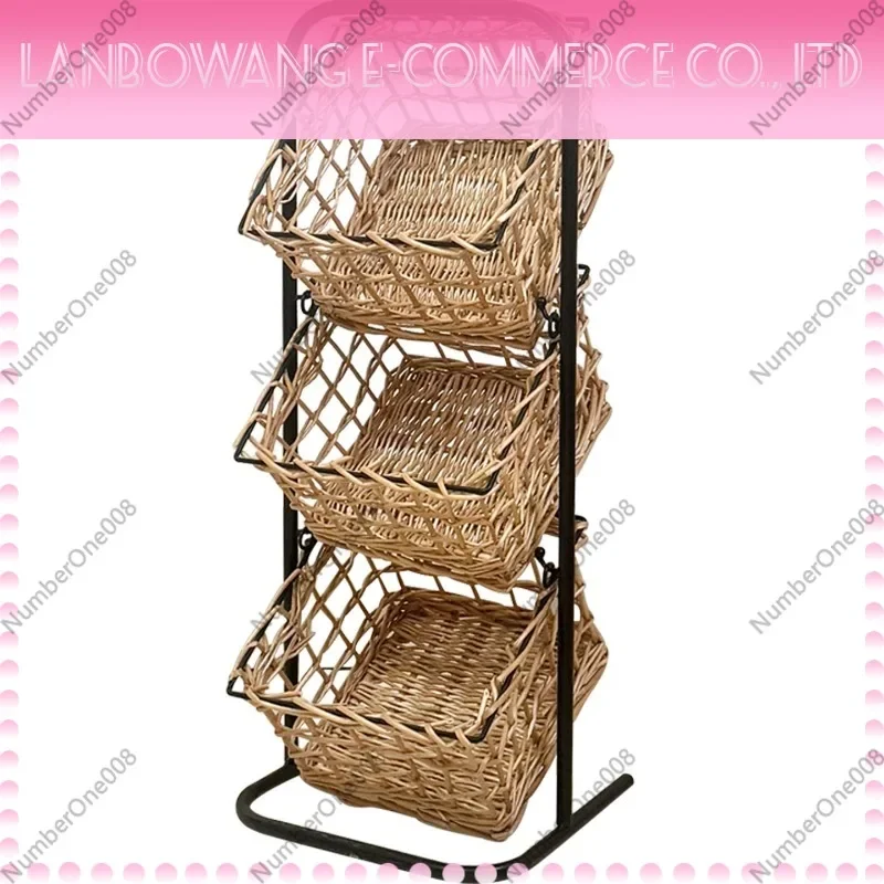 Scandinavian Iron Rattan Floor-Standing Kitchen StorageRack,Multilayer Vegetable Snacks Basket Shelf,Home Metal Rattan Organizer
