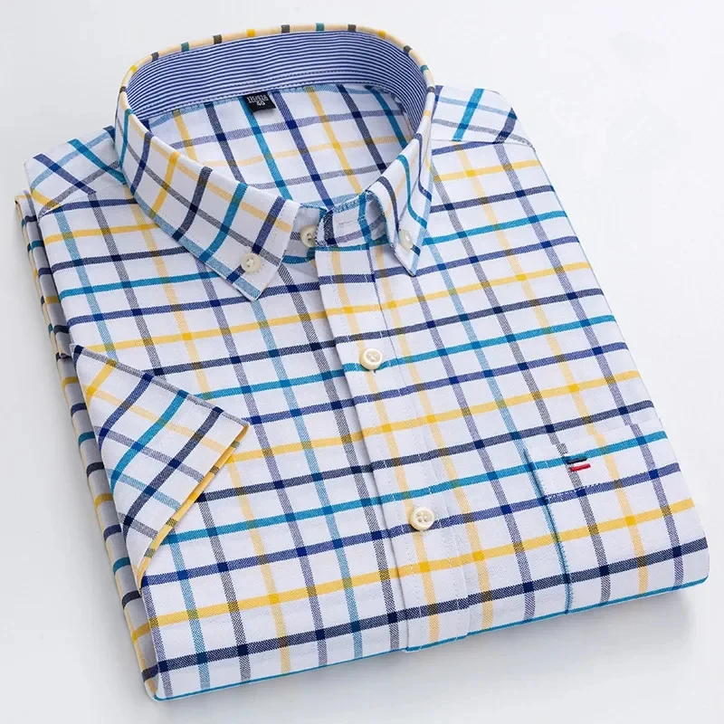 S-7XL Men\'s Summer Short Sleeved Shirt Oxford Cotton Plaid Stripe Solid Color Comfortable Breathable Business Leisure Tourism