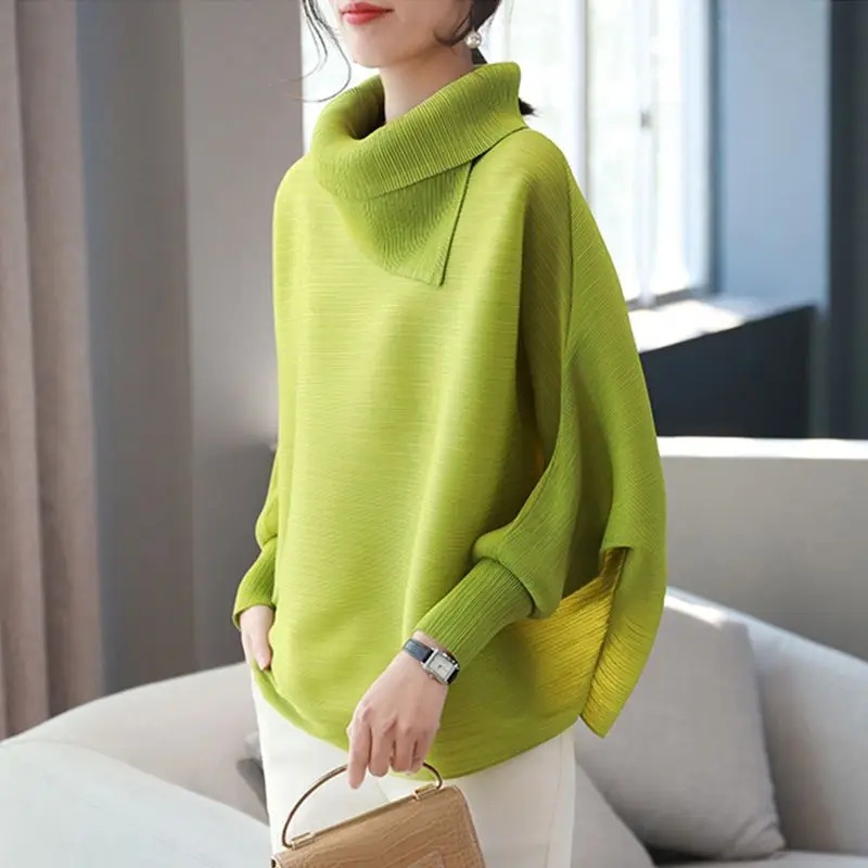 Fashion Solid Color Folds Asymmetrical Blouses Women\'s Clothing 2023 Autumn Winter Oversized Casual Tops Batwing Sleeve Shirts