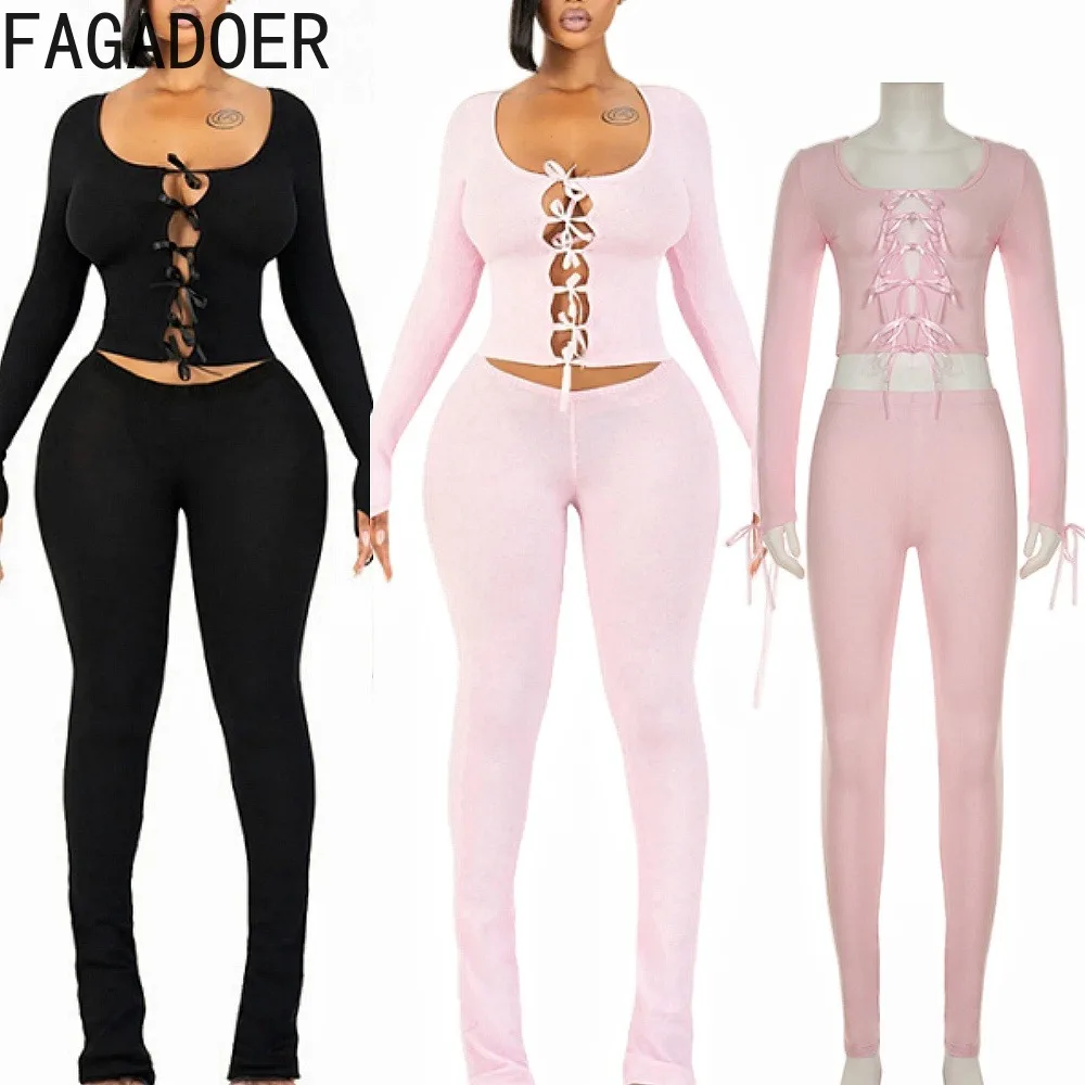 

FAGADOER Y2K Sweet Bow Two Piece Set for Women Hollow Out Bandage Patchwork Crop Top + Leggings Suit Female Streetwear Clothing