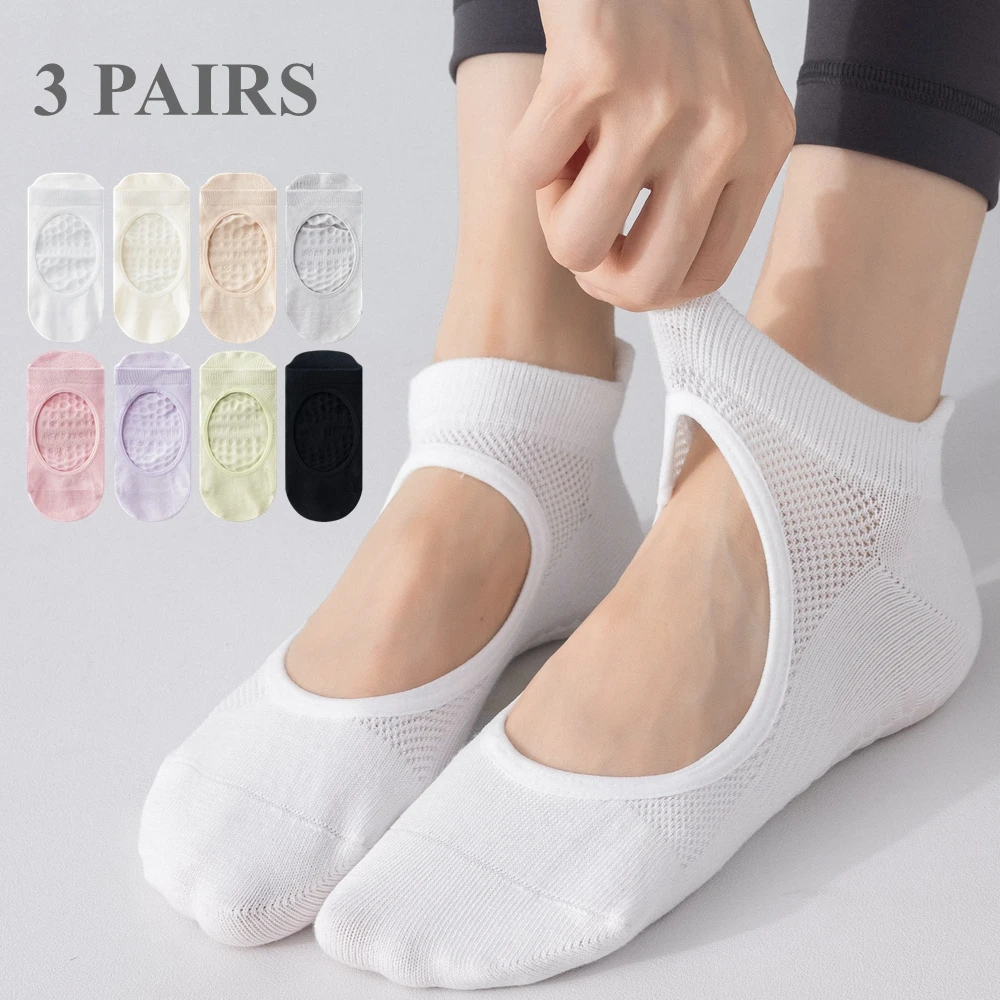 

3 Pairs Women Yoge Socks with Grip Anti-slip Ankle Socks High Quality Cotton Sports Pilates Socks Non-slip