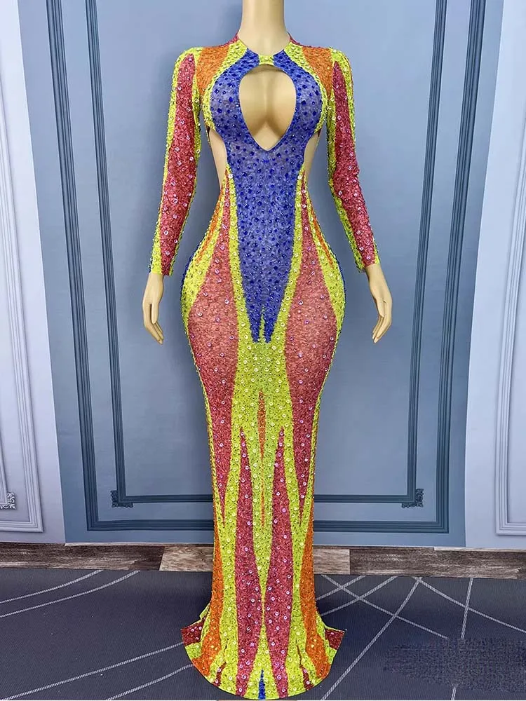 Vestido de malla bloqueado de Color elástico con abertura calada Sexy estampado en caliente de alta calidad 2025, nueva moda, ropa personalizada para mujer