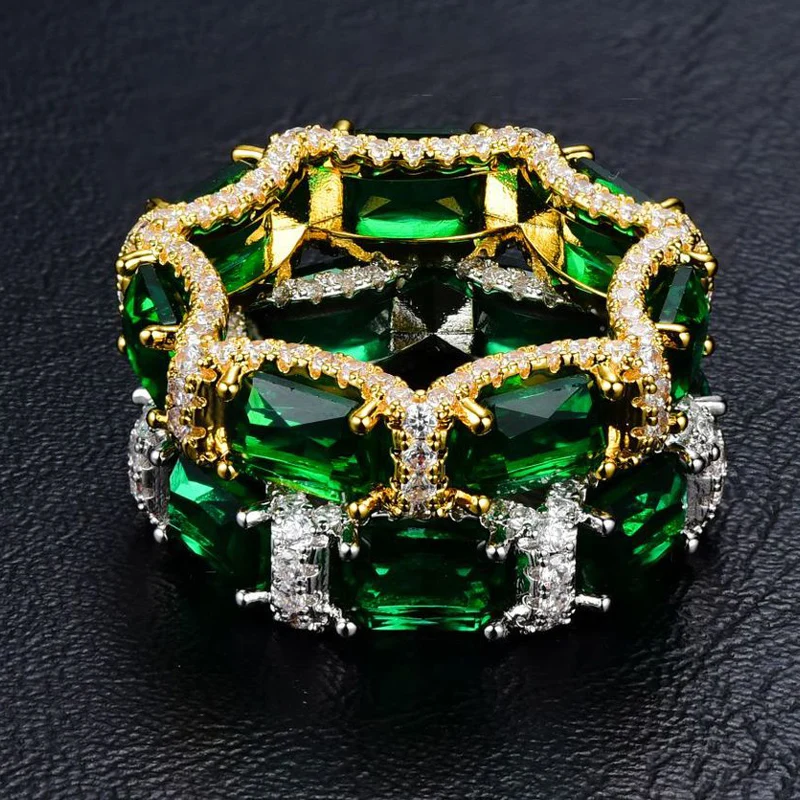 Hip Hop 3A+ CZ Zircon Paved Bing Iced Out Green Stone Round Finger Rings for Men Women Rapper Jewelry Gift Drop Shipping