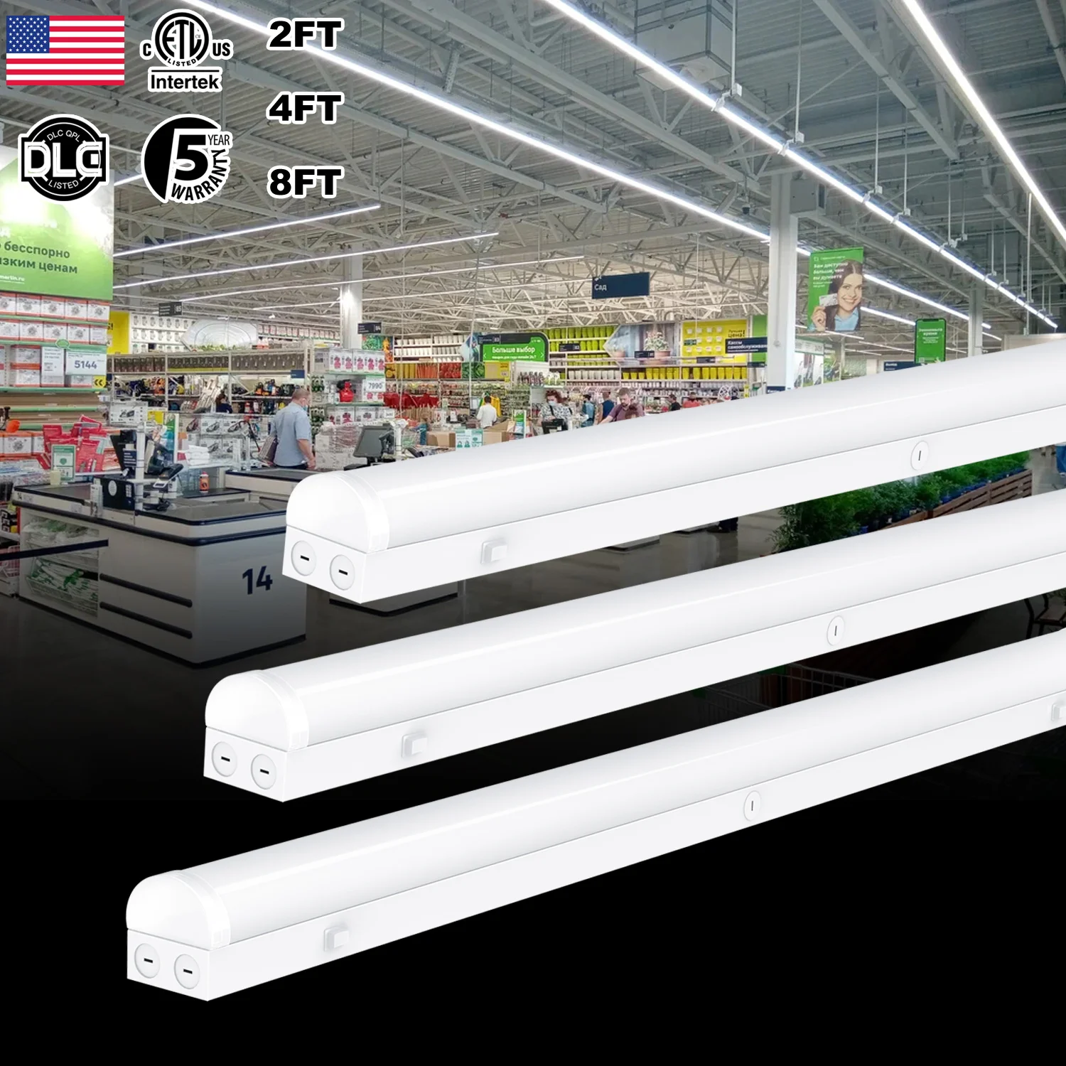 تركيب المصابيح الخطية الولايات المتحدة في المخزون الجدار شريط معلق إضاءة السقف 4ft 8ft 30W إلى 80W Led ضوء المنزل الذكي مع ETL DLC UL #1