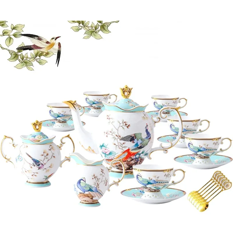 Bone China Tea Set for Adults Blue Fine Bone China Tea Set for 6, 21-Piece Vintage Chinese Tea Set