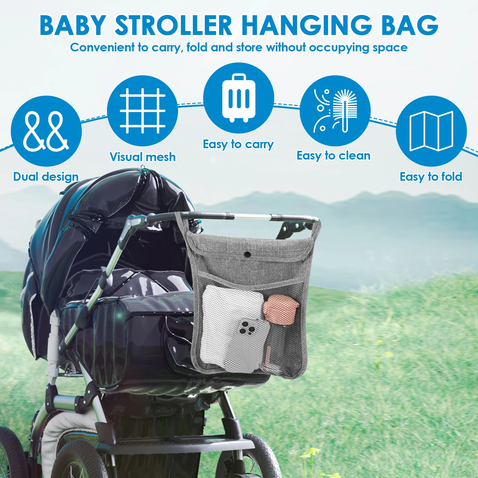 Baby Stroller Hanging Storage Bag Infant Product hanging Organizers   Portable Large Capacity Double Pockets Mesh bags for Mummy - view 5
