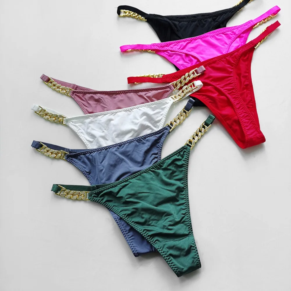 Lingeries Simple Low Waist Thong Hip Lift Women Ice Silk Panties Korean Underwear Metal Chain Diamond Briefs Hollow Out