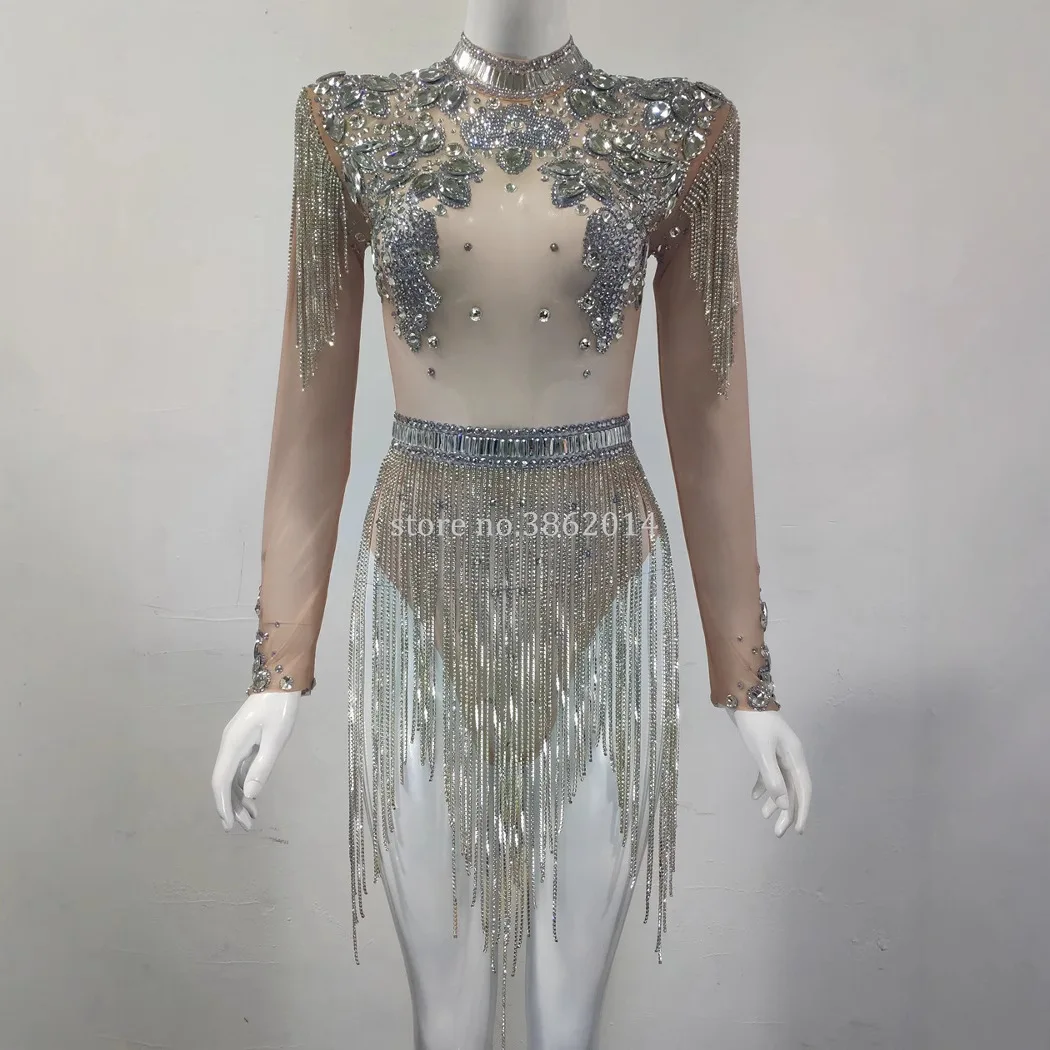 

Female Singer Sexy Mesh Perspective Luxury Diamond Chain Jumpsuit Stage Performance Suit Jumpsuit White Dresses With Rhinestones