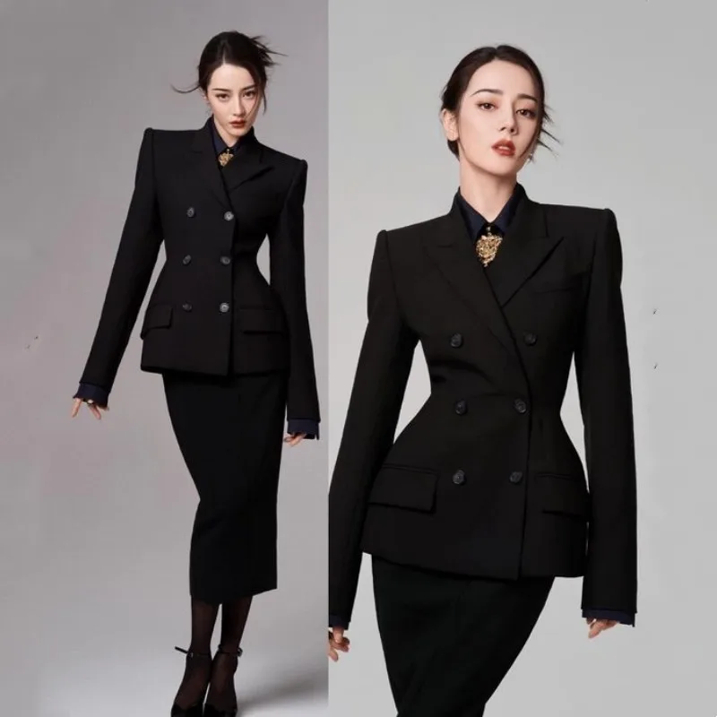 Women\'s Suit Heroic 2-piece Set Fashion Solid Color Double-breasted Handsome Lapel Collar and Calf Long Skirt Slim Top Suitable