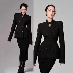 Women's Suit Heroic 2-piece Set Fashion Solid Color Double-breasted Handsome Lapel Collar and Calf Long Skirt Slim Top Suitable