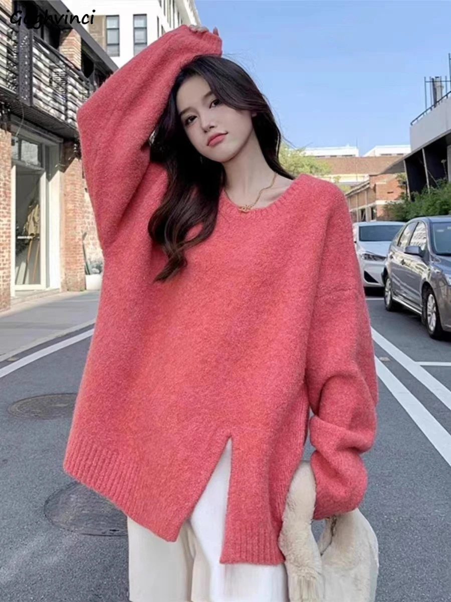 Slit Sweater Women Autumn Winter Streetwear Keep Warm Thicker Pullovers Loose Outwear Simple Design Chic Fluffy Slouchy Soft