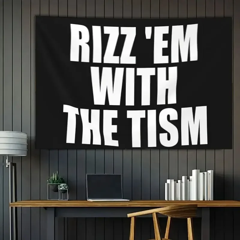 Customization 1pc RIZZ 'EM With Theism Tapestry - Black Polyester Wall Hanging With White Text, Perfect For Home Decor, Living R