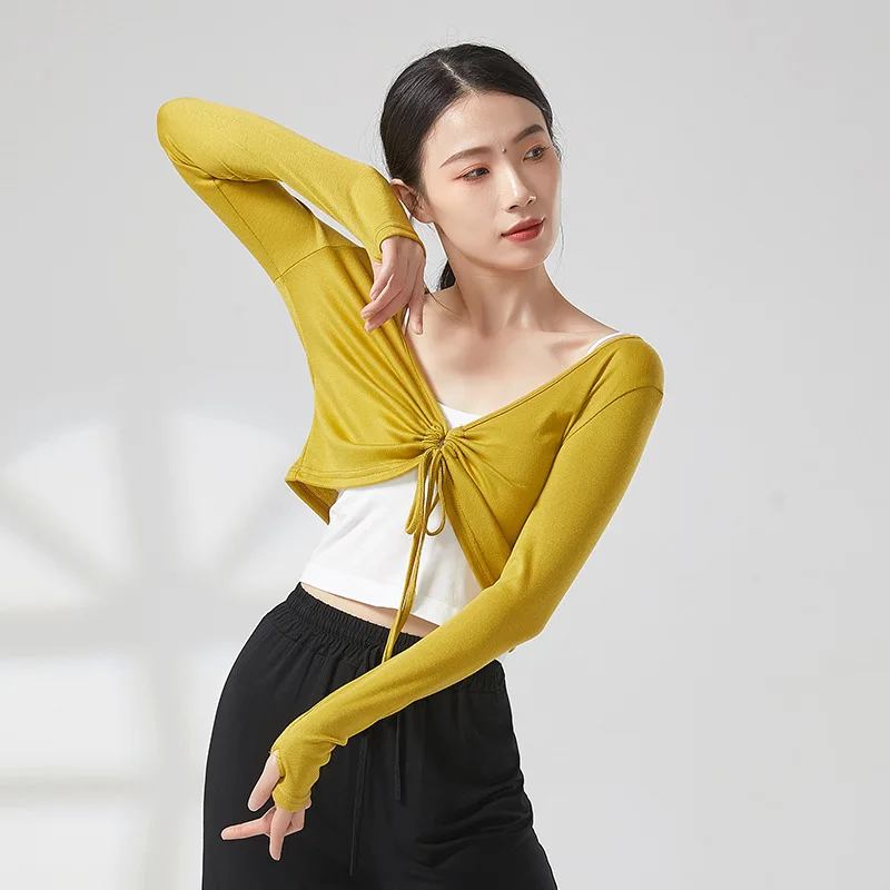 

Adult Slim Fit Front Tie Round Drawstring Belly Dance Long Sleeve Blouse Crop Top Costume for Women Dancing Clothes Clothing