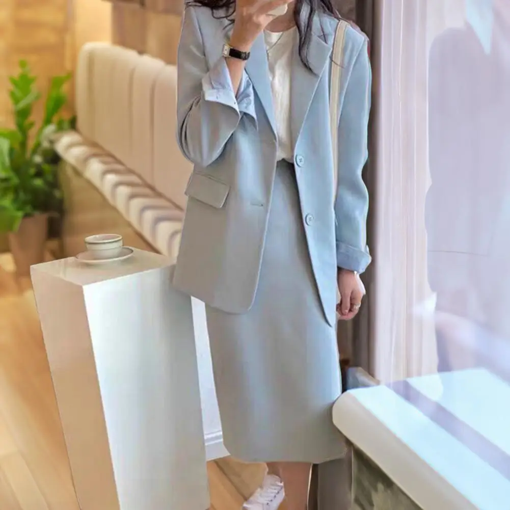 Formal Coat Skirt Ensemble Elegant Women's Office Suit Set with Lapel Coat High Waist Midi Skirt Professional for Office