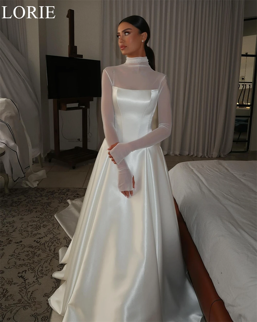 LORIE Elegant Satin Wedding Dresses A-Line High Neck Long Sleeves Pleated Bride Prom Gown 2025 Modest Bridal Gowns Customized
