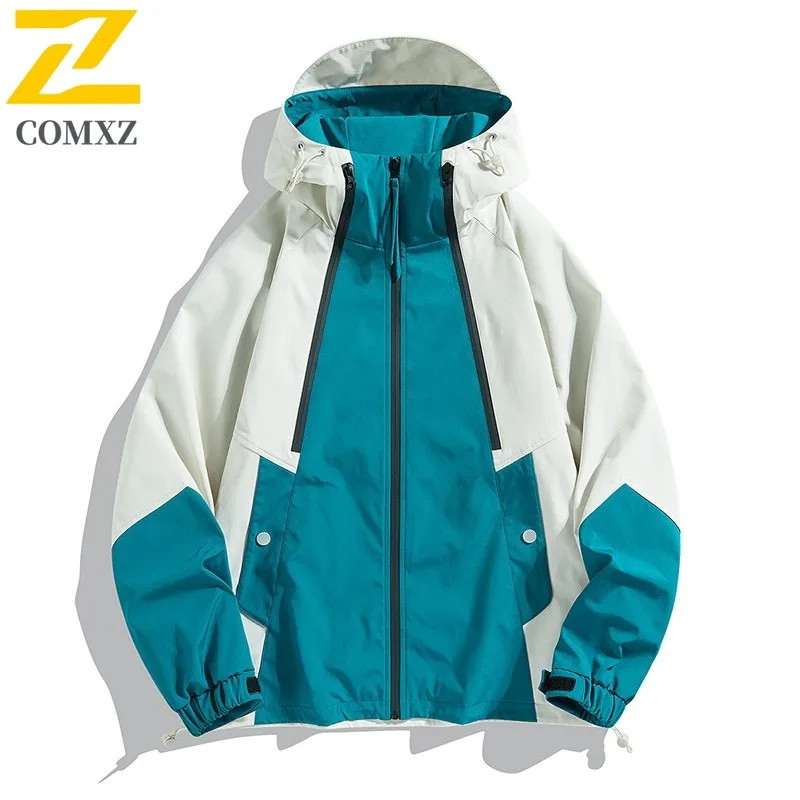 

COMXZ Mens Jacket Splicing Hooded Hiking Travel Motorcycle Coat Extra Large Outdoor Adventure Waterproof Autumn Windbreaker