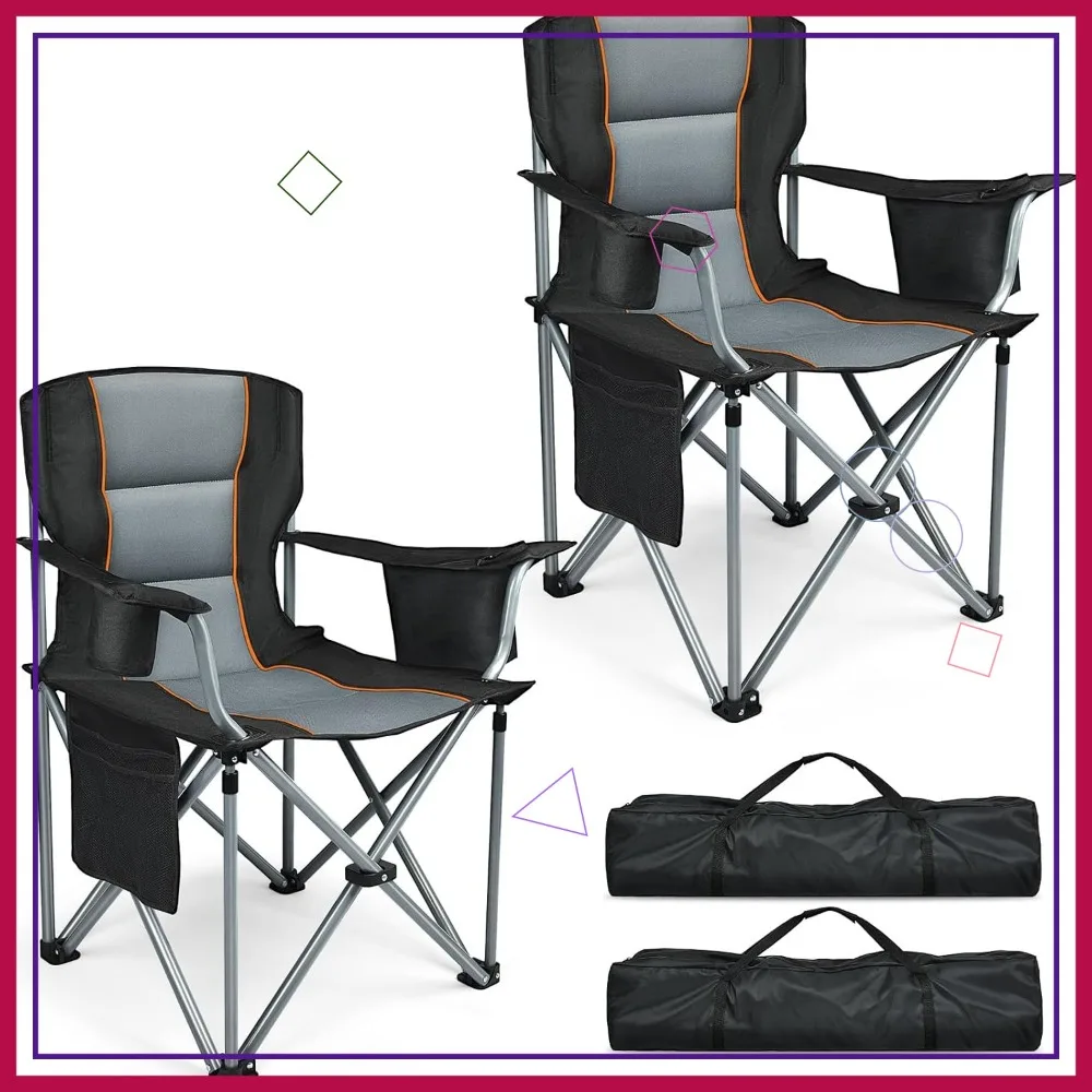 

2 Pack Heavy Duty Oversized Camping Chairs, Folding with Cup Holder & Cooler Bag, Support 400 LBS, for Outdoor Sports
