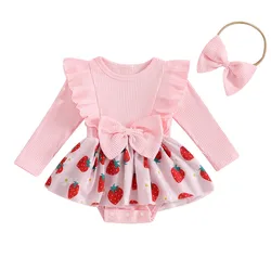 3 to 24 Months Baby Girls Ribbed Bodysuit Strawberry Print Long Sleeve Jumpsuit Bow Headband Outfits Baby Clothing