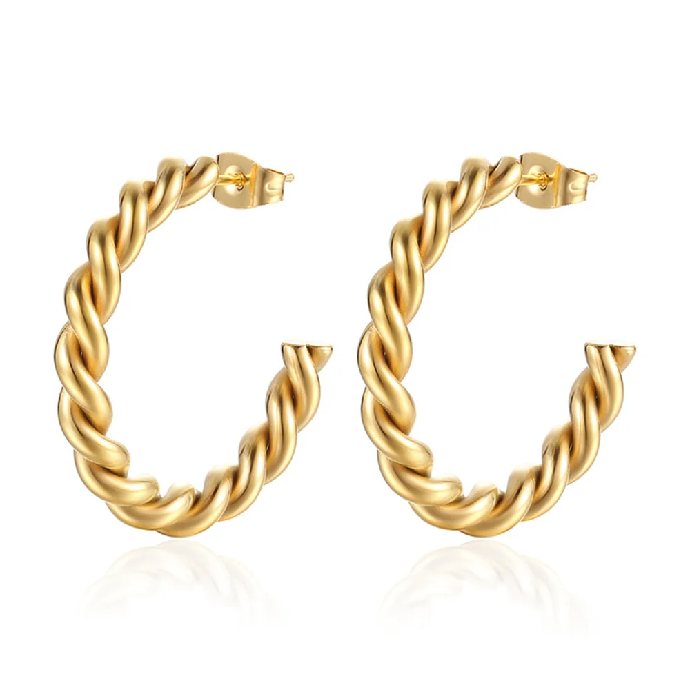 1Pair Korean Women's Twisted Earring Gold Color Stainless Steel Letter C Charm Pendent Stud Earrings For Women Jewelry Gift 2024 image 6