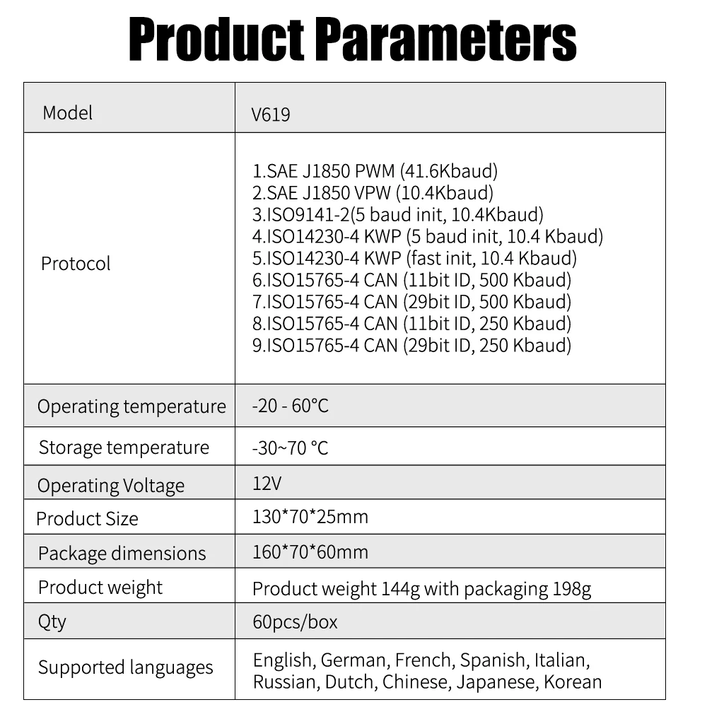 Check Engine System Multi-language Clear/Erase Codes V619 Car Diagnostic Tool Code Reader OBD2 Scanner Battery Tester