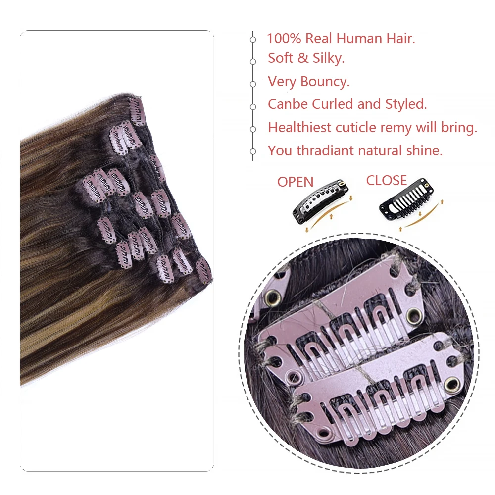 Highlight Blonde Clip In Hair Extensions Real Remy Hair Brazilian Hair Clip In Human Extension For Women Hair 14 to 24 Inch 8Pcs