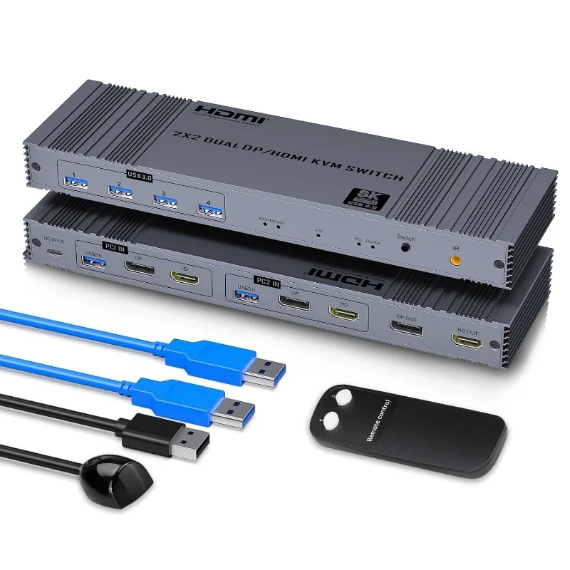 8K60Hz KVM Switch HDMI2.1 DP, 4 Port USB 3.0 for 2 PCs Share 1 Monitor Keyboard Mouse