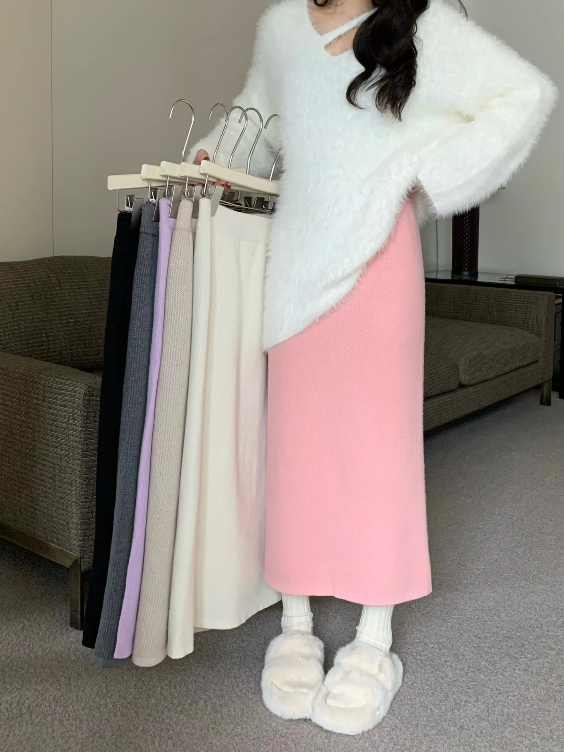 

Gagarich Solid Color Lazy Knitted Half Skirt Women 2024 Autumn New High Waist Cross Covering Slim Straight Mid A-line Skirts