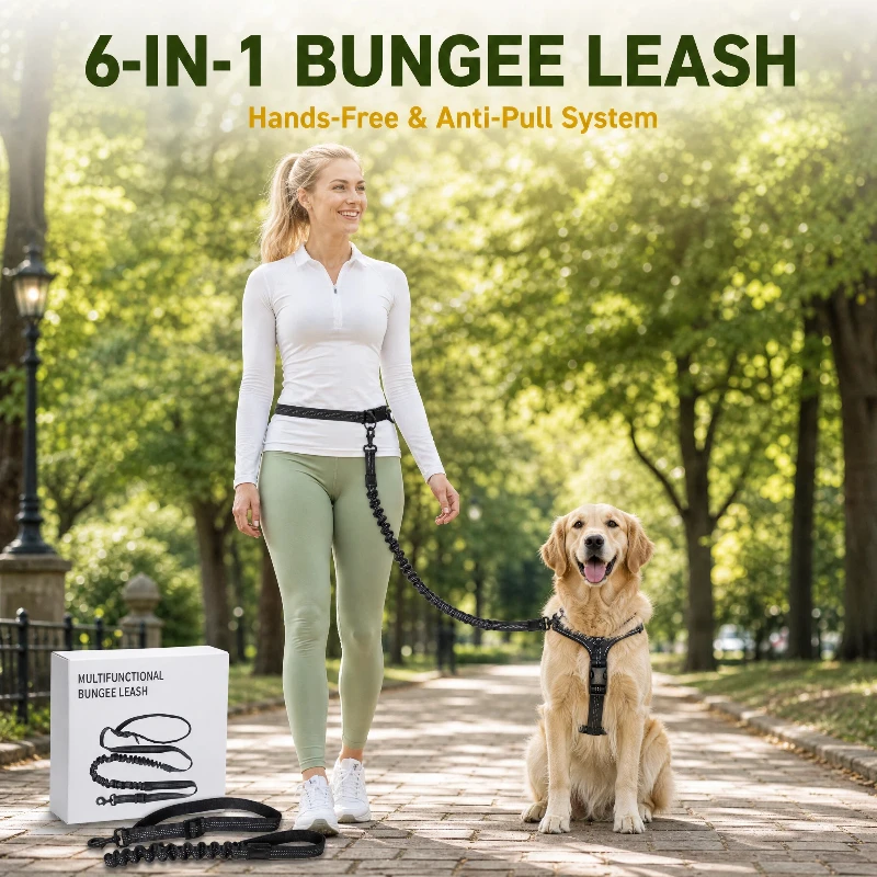 6-in-1 Bungee Dog Leash, Shock Absorbing Anti-Pull Reflective Hands-Free Waist Belt for Large Dogs