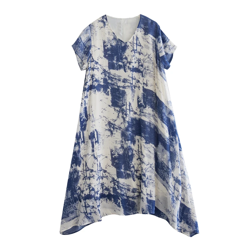 سفر طويل Dr round Ne V-Ne مطبوع من القطن والكتان فضفاض مناسب للتخسيس وحاشية غير متماثلة وطباعة زهور للوسائط المائية