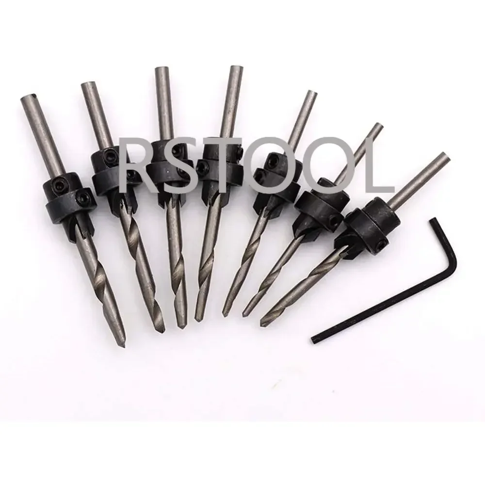 7PCS HSS Woodwork Tapered Countersink Drill Bits Set Depth Stop Adjustable Collar Woodworks Wood Tools Small Wrench Set