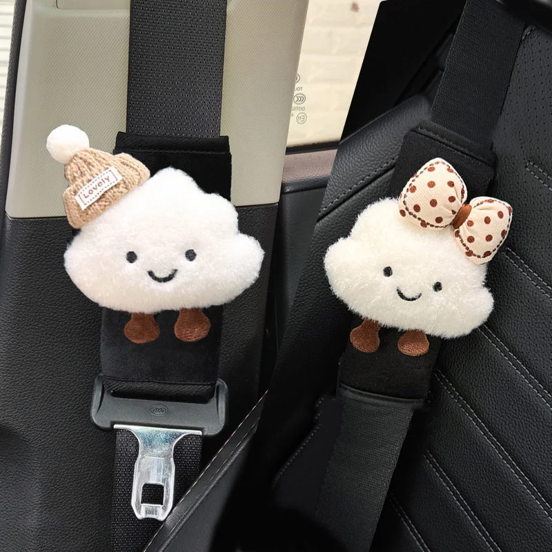 2 piezas de fundas universales cortas para cinturón de seguridad de coche, con diseño de sombrero de dibujos animados y nube, protector de cojín para correa de hombro y soporte para cuello de automóvil