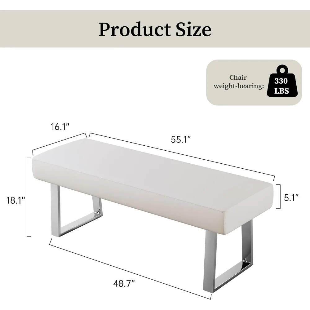 55 Inch Upholstered Entryway Bench with Chrome Legs for Bed End, Living Room, Hallway