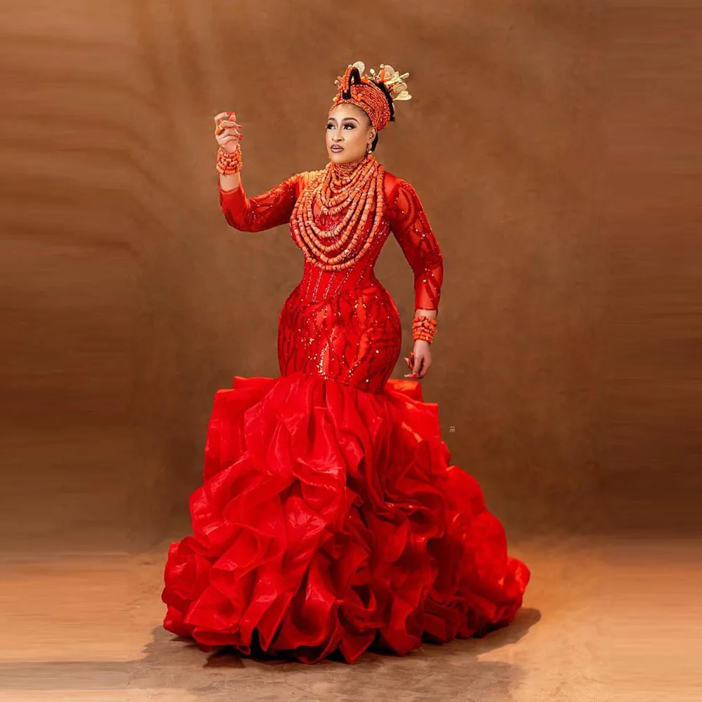 

Red Gorgeous Plus Size Evening Dresses Sequins Lace Ruffles Tiered Mermaid Prom Dress For Dubai Drabic Bridal Gowns