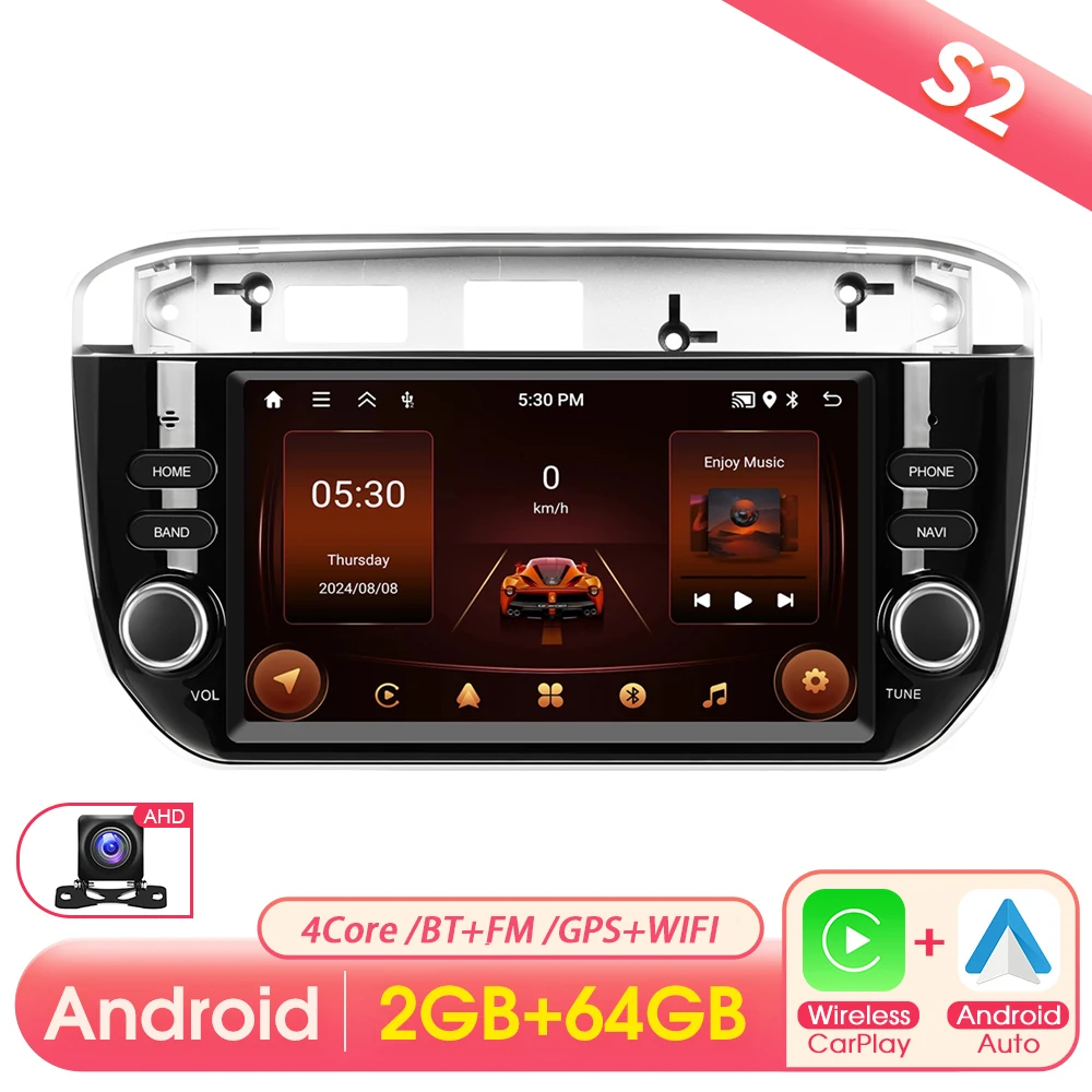 Podofo 7 inch 2DIN autoradio met Carplay, Android Auto, intelligent systeem, GPS navigatie, FM, BT voor Fiat Punto 2012-2015