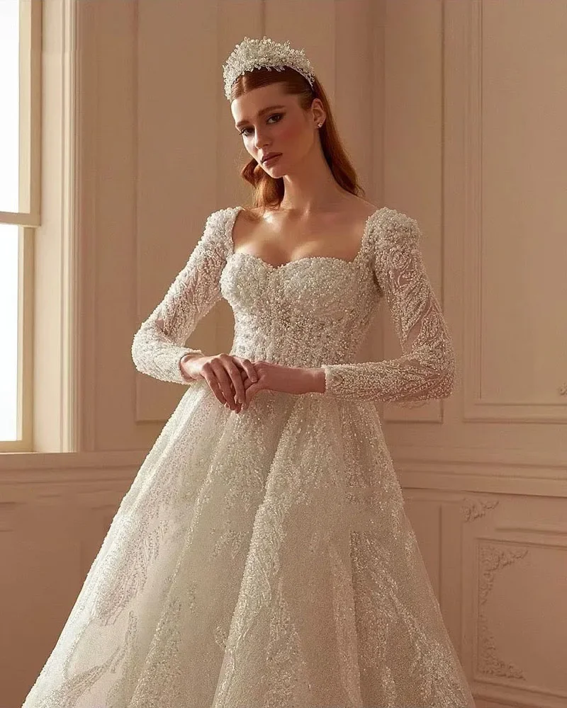 

On Zhu Customized Lace Wedding Gowns Long Sleeves Robe Square Neck Tulle Beaded A Line Bridal Dresses Vestido De Noiva