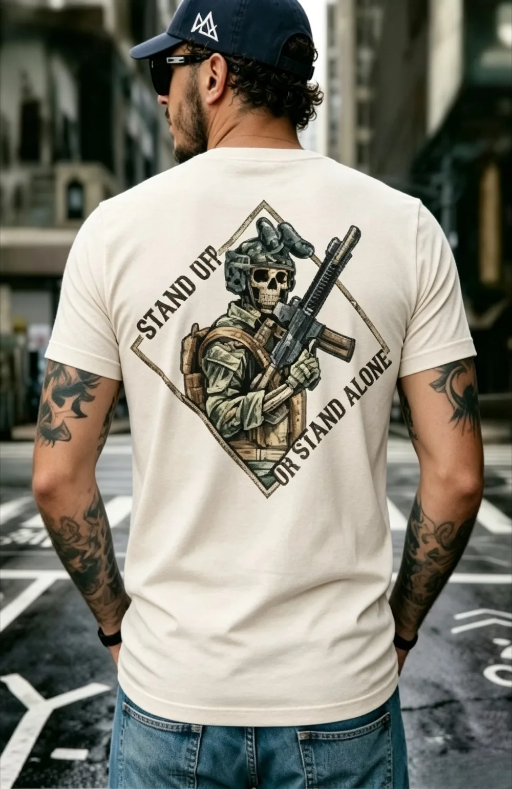 2026 New Men Tactical Skeleton Soldier Graphic T-shirt Stand Off Or Stand Alone Slogan Short Sleeve Casual Streetwear Tee